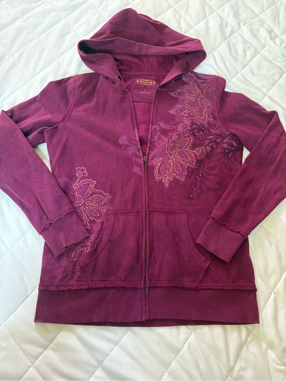Maurices Plum Hooded Zip Bomber Jacket with Floral Embellishment